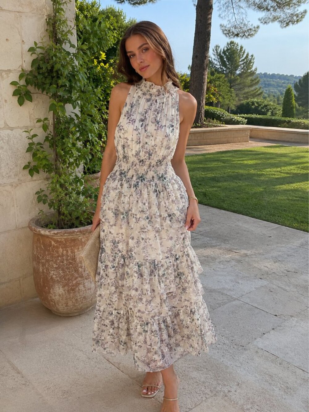 Arose Studio High Neck Smocked Waist Tiered Maxi Dress with Front Slit NWOT